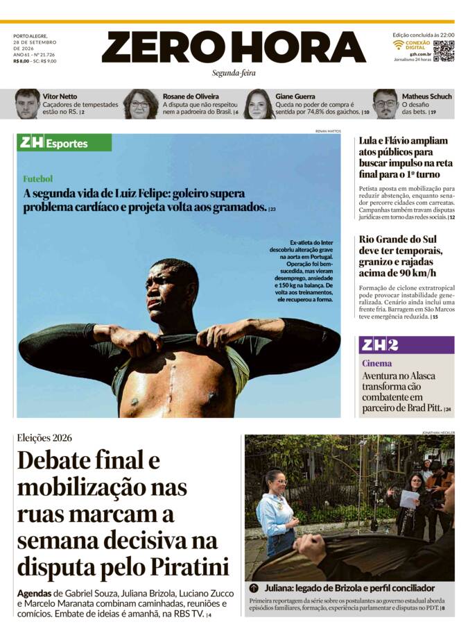 Capa do jornal Zero Hora de 28/09/2026