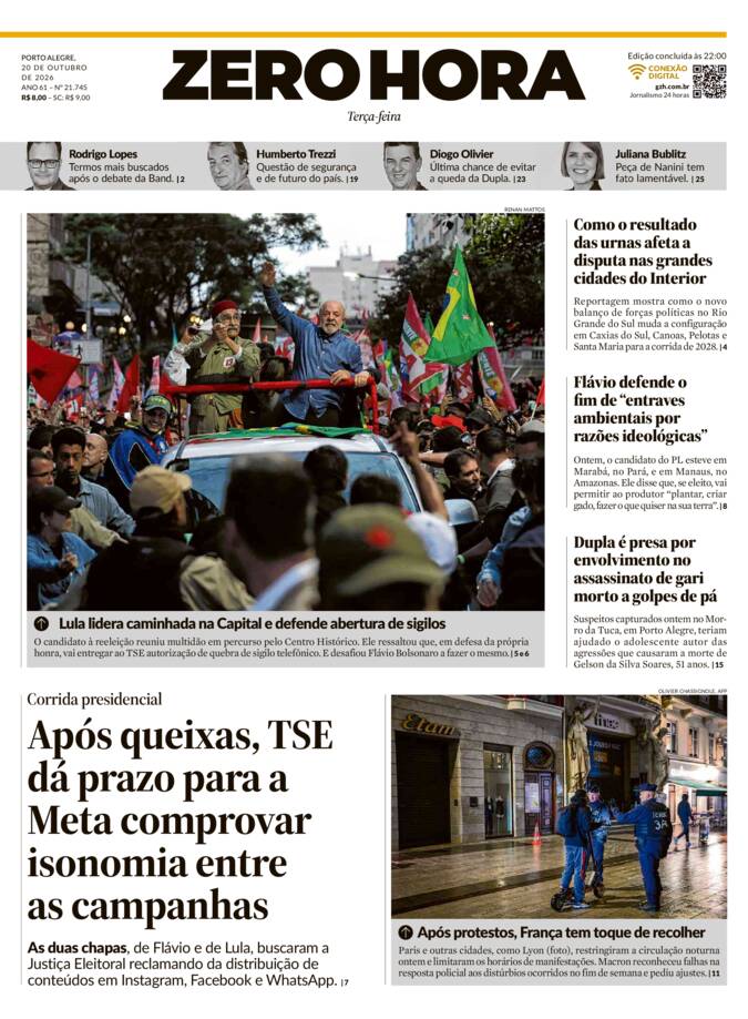 Capa do jornal Zero Hora de 20/10/2026